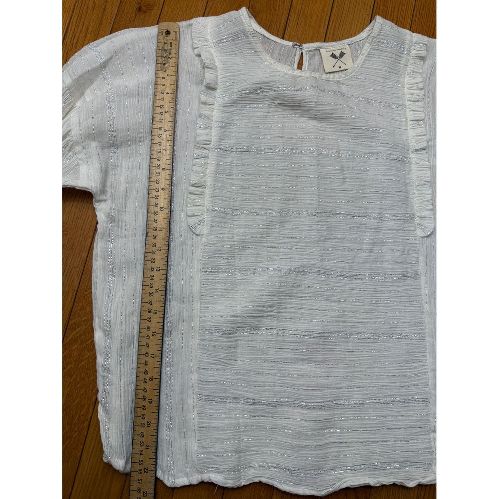 Built by Wendy White Cotton Gauze Ruffle Metallic Stripe Blouse Medium - Picture 9 of 10